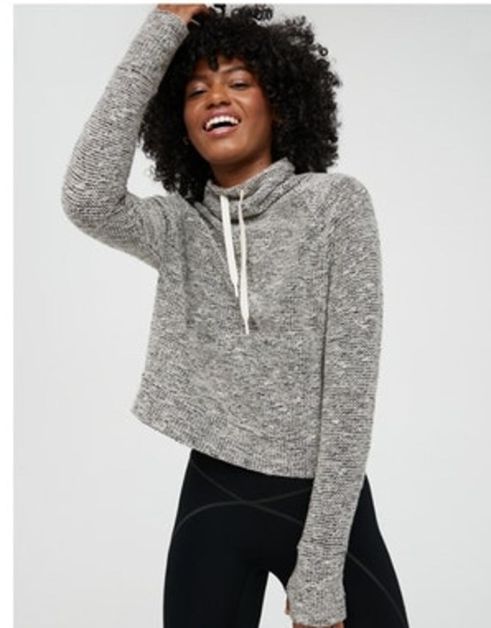 Aerie Offline Snowday Mock-Neck Boxy Sweatshirt Marled Black & White Size XL